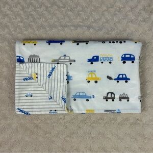 Little Lad Car Truck Baby Blanket Gray White Stripes Blue Yellow Vroom Beep Bus